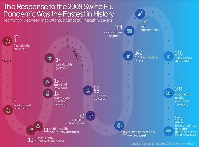 TocoWorks's tweet photo. via @infobeautiful The response to the 2009 Swine Flu H1N1 pandemic was the fastest in history - thanks to dedicated teamwork between institutions, scientists &amp; health workers. Between 150-575,000 people died worldwide. (March 11th is day 71 of #coronavi… https://t.co/Kk37m9SlVU https://t.co/8Vkd9GXz60