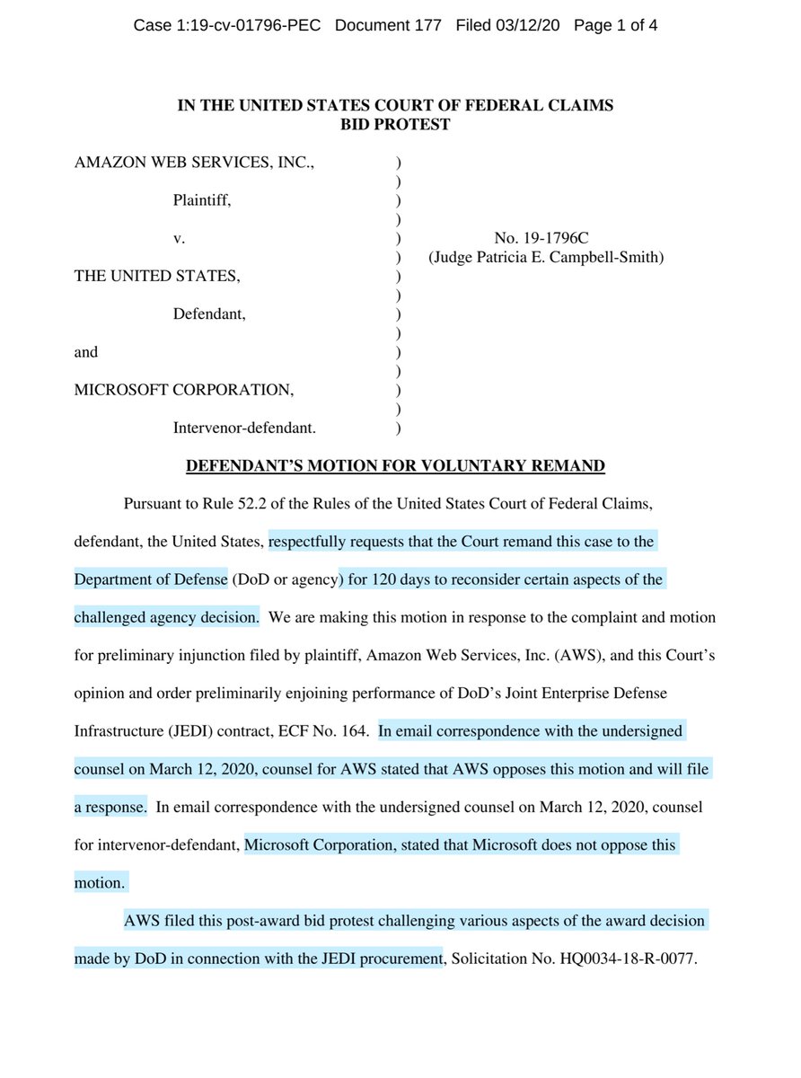 DOD to Court: remand it back to DOD, we pinky promise we will negotiate in “good faith”AWS: F off you guys played dirty DOD: your honor we so pinky promise that “we we fairly & objectively re-evaluate the cloud & pricing under 6”MS: we do not oppose https://ecf.cofc.uscourts.gov/doc1/01503650750?caseid=40037