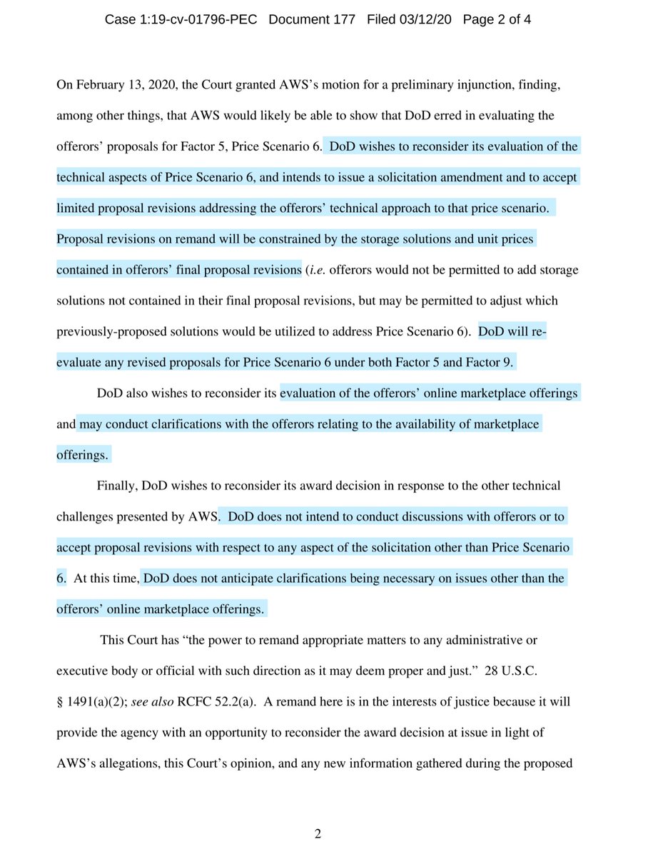 DOD to Court: remand it back to DOD, we pinky promise we will negotiate in “good faith”AWS: F off you guys played dirty DOD: your honor we so pinky promise that “we we fairly & objectively re-evaluate the cloud & pricing under 6”MS: we do not oppose https://ecf.cofc.uscourts.gov/doc1/01503650750?caseid=40037