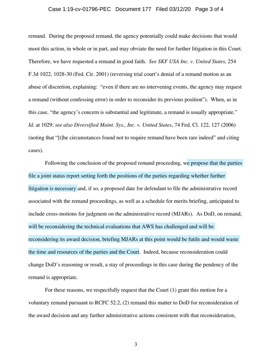 DOD to Court: remand it back to DOD, we pinky promise we will negotiate in “good faith”AWS: F off you guys played dirty DOD: your honor we so pinky promise that “we we fairly & objectively re-evaluate the cloud & pricing under 6”MS: we do not oppose https://ecf.cofc.uscourts.gov/doc1/0150...