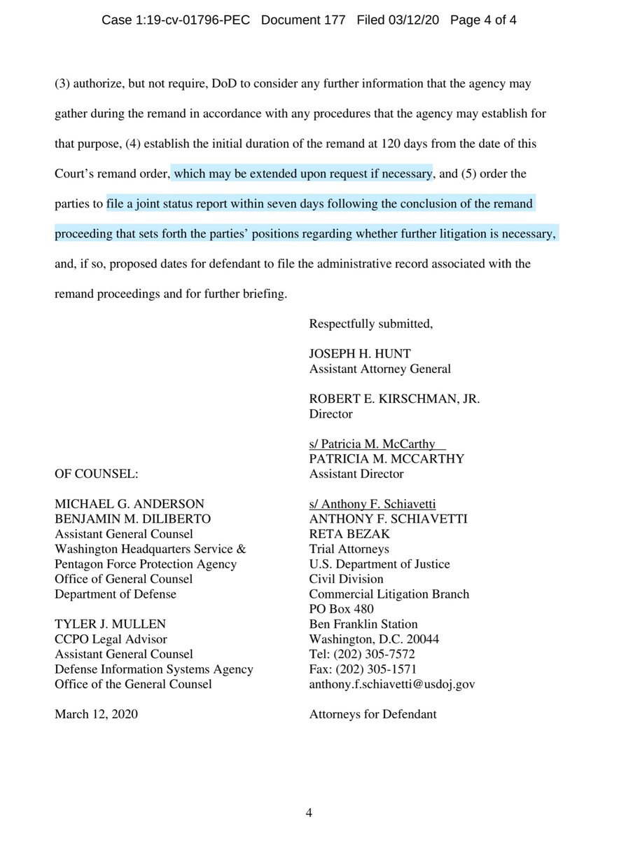 DOD to Court: remand it back to DOD, we pinky promise we will negotiate in “good faith”AWS: F off you guys played dirty DOD: your honor we so pinky promise that “we we fairly & objectively re-evaluate the cloud & pricing under 6”MS: we do not oppose https://ecf.cofc.uscourts.gov/doc1/01503650750?caseid=40037