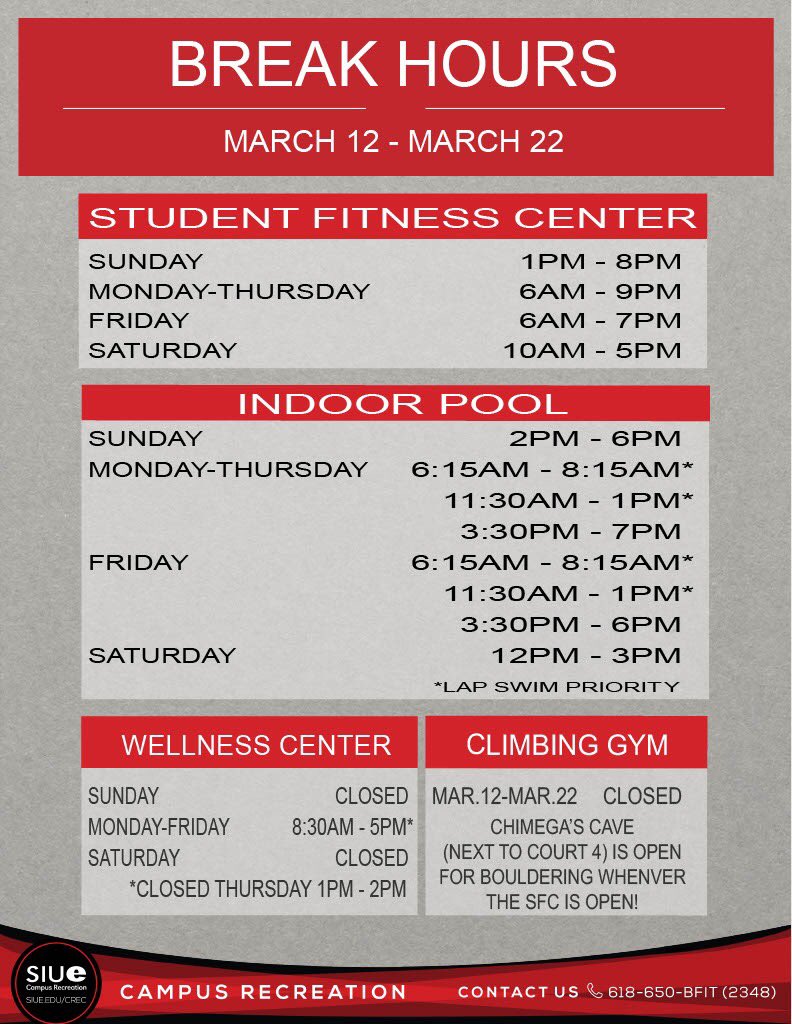 SIUEcampusrec's tweet photo. The Student Fitness Center will continue our break schedule through March 22nd, 2020. For more information, please visit SIUE COVID FAQ page https://t.co/RZXvxDYC1N https://t.co/GeH2FUBOFp
