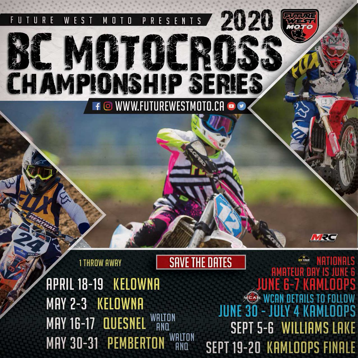 Futurewestmoto's tweet photo. 2020 RACE SCHEDULE &amp; DETAILS *  1 Throw Away Race in the Series  *  Free camping when you travel 6+ Hours  *  Racing Kelowna April 18, leave your rigs at the track for May if you wish  *  WCAN Details Coming Soon  *  Rockstar Triple Crown in Kamloops June 6 Amateurs, June 7 Pros https://t.co/QvMx5nOx2F