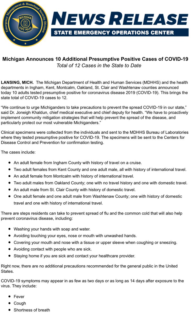 LukeStier's tweet photo. BREAKING: 12 coronavirus cases in Michigan. 3 in Kent Co. @WOODTV https://t.co/DMqqVngaqZ