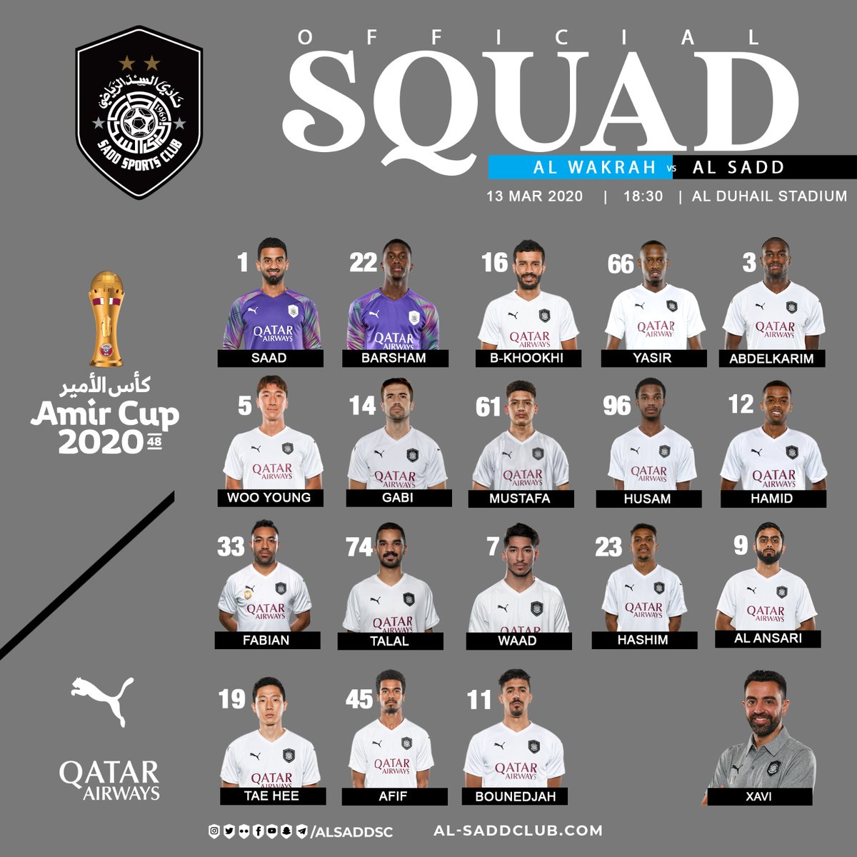 Alsadd S C Japan 1 3 カタールアミールカップ 準々決勝 アル ワクラsc戦 召集メンバー 1サアド アッ シーブ 22マシャアル アイサ バルシャム 16ブーアッラーム フヒー 66ヤセル アブバカル 3アブドゥルカリム ハサン 5チョン ウヨン 14ガビ