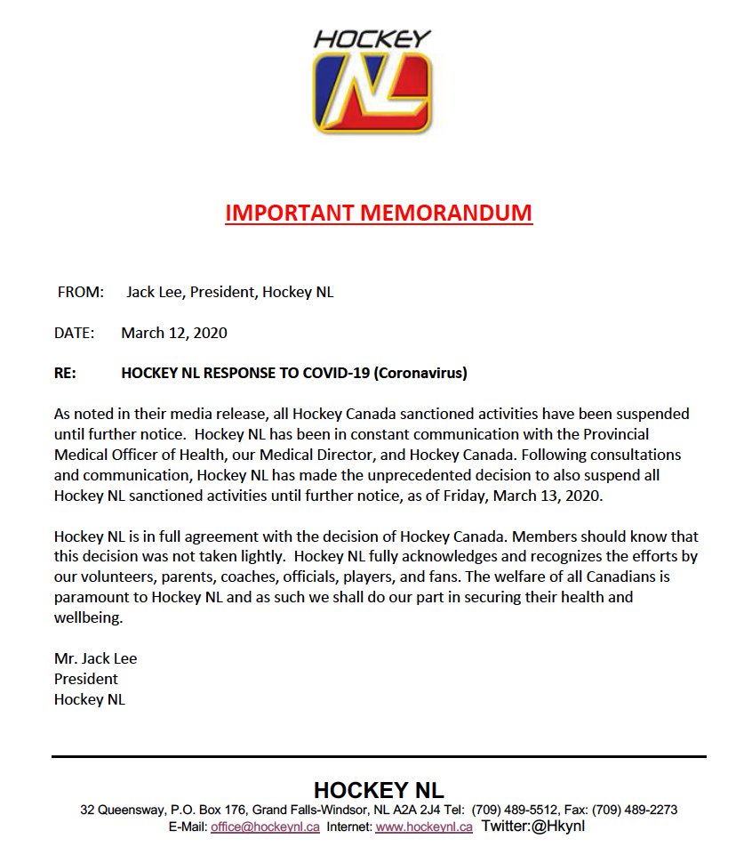 HOCKEY NL RESPONSE TO COVID-19 (Coronavirus)

Statement by HNL President Jack Lee: hockeynl.ca/hockey-nl-resp…