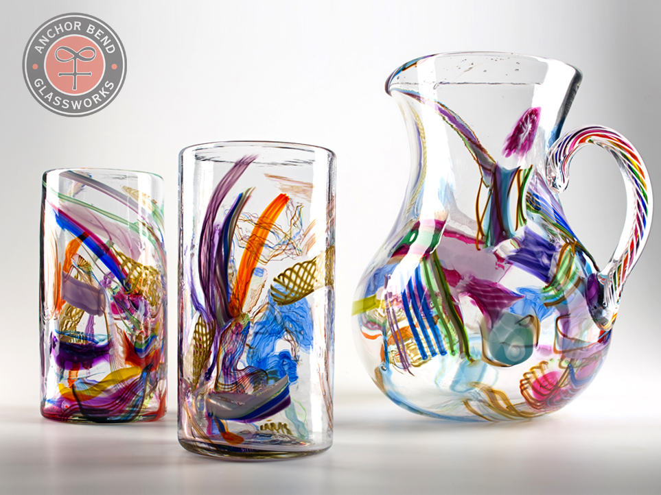 Colorful Canefetti Pitcher and Tumbler Set - a party in every sip!

#anchorbendglassworks
#contemporaryglassart
#artglass
#glasspitcher
#glasstumblers
#cane
#caneglass