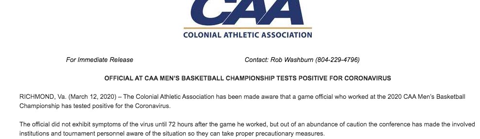 MattNorlander's tweet photo. Breaking from the CAA: an official who worked that conference tournament has tested positive for the coronavirus. https://t.co/vsLAj6aTRp