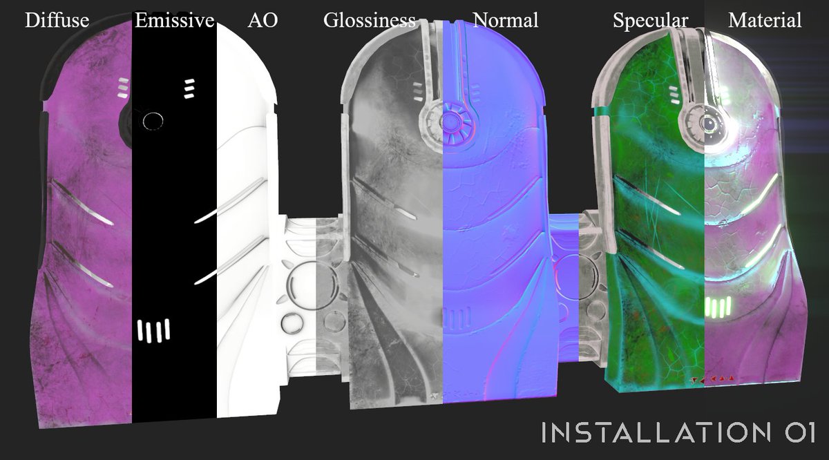FelineFilmz's tweet photo. Here is the Covenant Barricade I made for the Halo fan game Installation 01. The first two images is a front and back in Unity and the last two is the mesh maps and texture in Substance Painter. #Installation01 #Halo #fanart https://t.co/nfTKAgpVmL