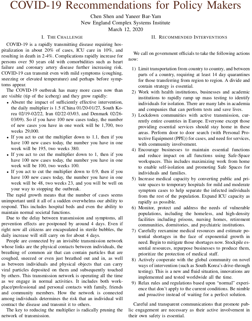 Yaneer Bar Yam On Twitter Covid 19 Recommendations For Policy