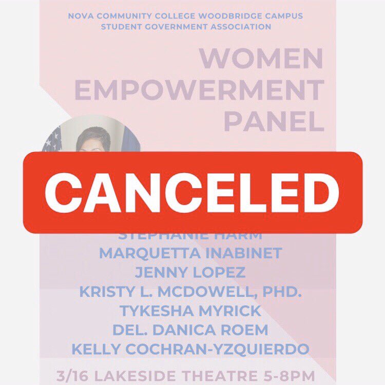 SGA_nvccwo's tweet photo. NOVA is canceling all student events and unfortunately that includes our Women’s Panel. If anyone has any questions click here for additional information about the NOVA campuses https://t.co/XM27SOy1js https://t.co/XMuim2uhDL