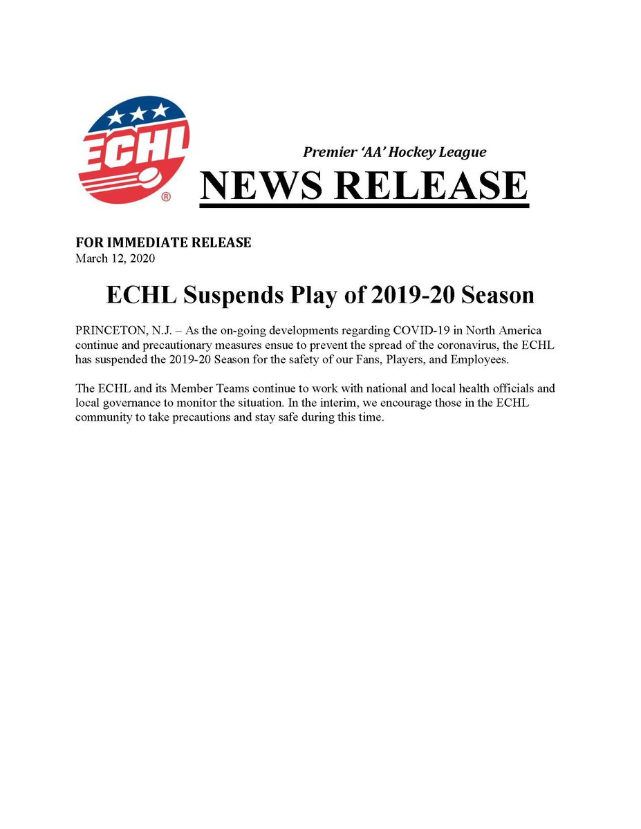 Below is the official statement from the ECHL about the suspension of the 19-20 season. 

This weekend's games are cancelled. We are monitoring the situation closely.
For more information please call 304-234-4625.