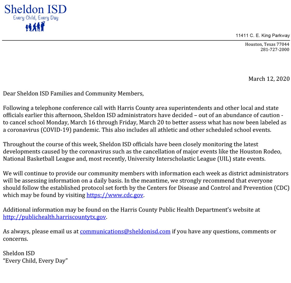 SheldonISD's tweet photo. Posted 3/12  |  4:03 p.m.

Sheldon ISD to remain closed Monday, March 16 - Friday, March 20 https://t.co/rusUXEL6CB