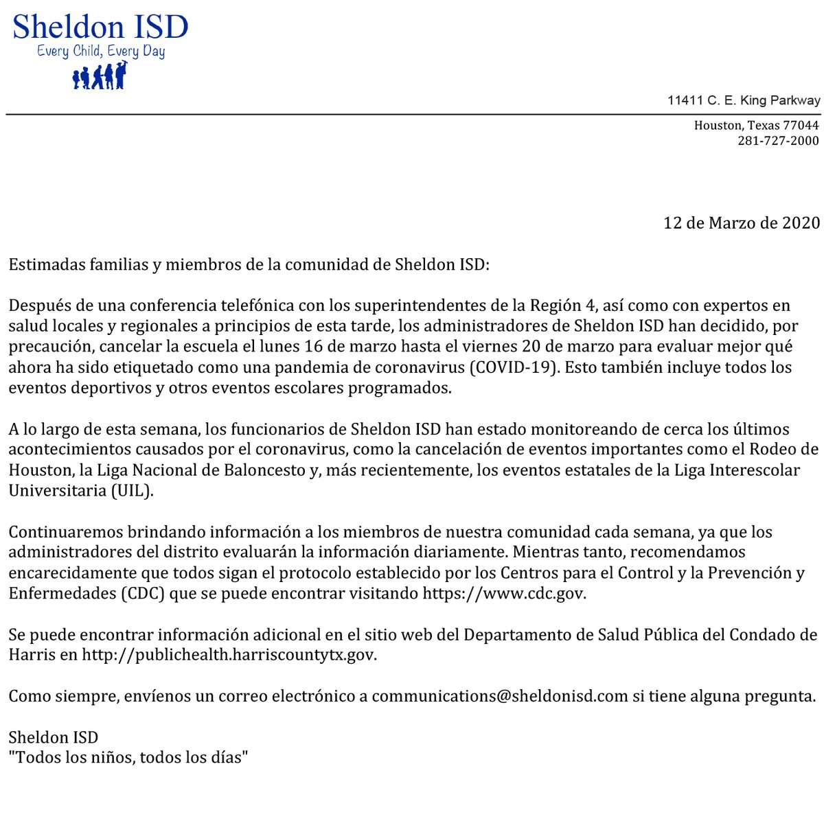 SheldonISD's tweet photo. Posted 3/12  |  4:03 p.m.

Sheldon ISD to remain closed Monday, March 16 - Friday, March 20 https://t.co/rusUXEL6CB