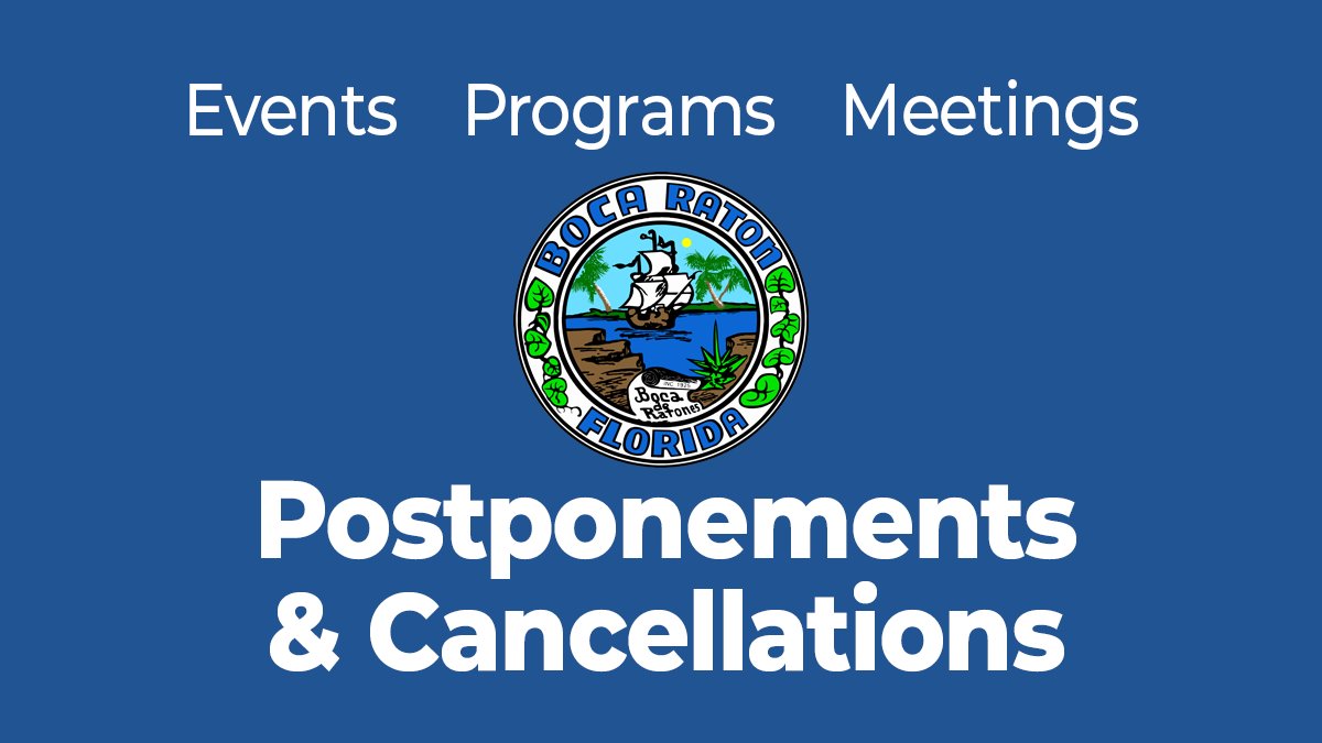All City events, programs, meetings, rentals, classes and athletics held inside City facilities or outside of City facilities are CANCELED through April 30, 2020. myboca.us/CivicAlerts.as…

1/2