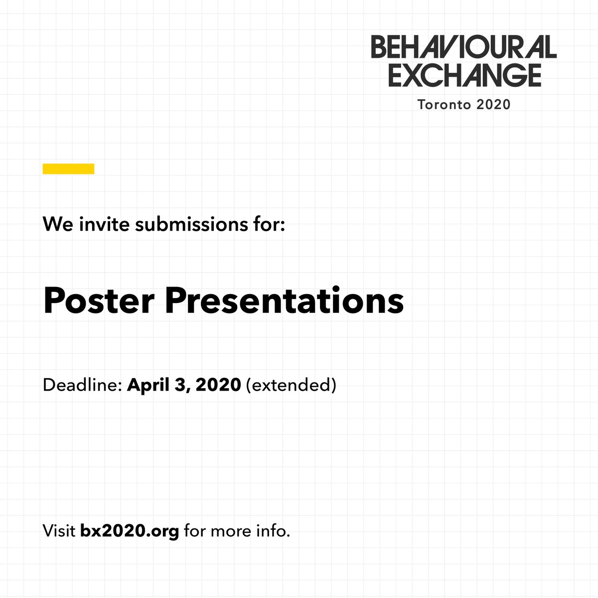 Due to the evolving COVID-19 situation &amp; considering the circumstances of prospective applicants who have found themselves with travel disruptions or in self-quarantine, the deadlines for Poster Presentations and Awards submission have been extended to April 3, 2020.