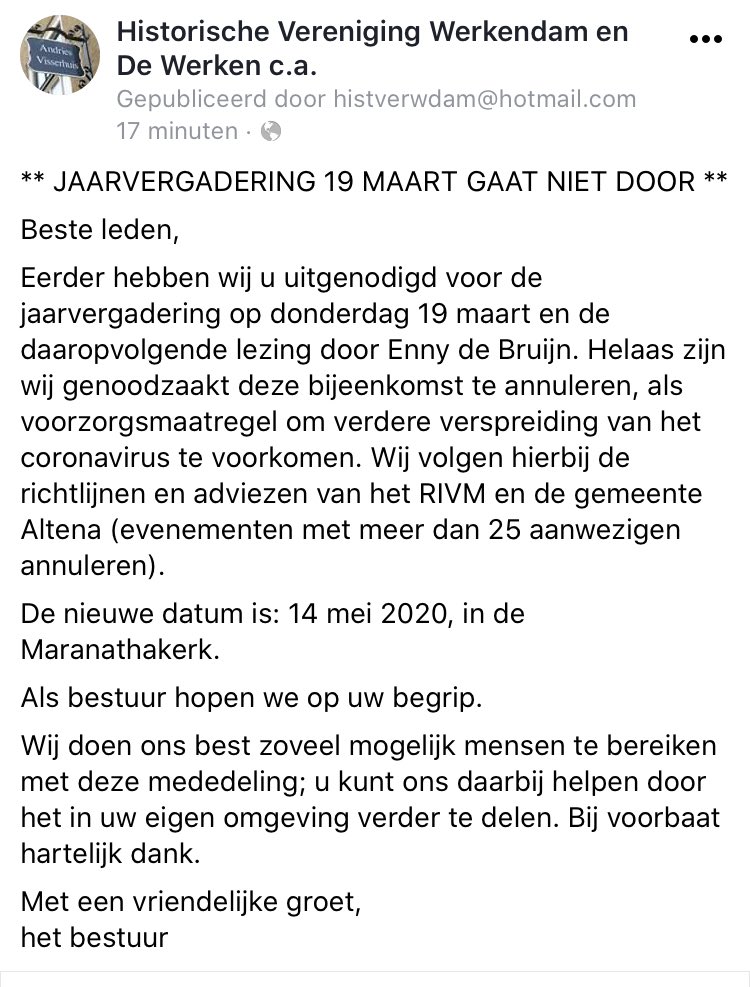 Onze jaarvergadering van 19 maart gaat niet door. Lees hieronder het bericht:
