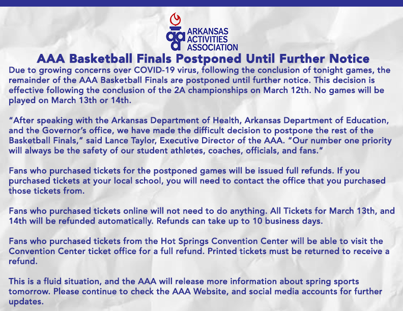 a Due To Growing Concerns Over Covid 19 Virus Following The Conclusion Of Tonight Games The Remainder Of The a Basketball Finals Are Postponed Until Further Notice T Co Tuf6h4xrfa