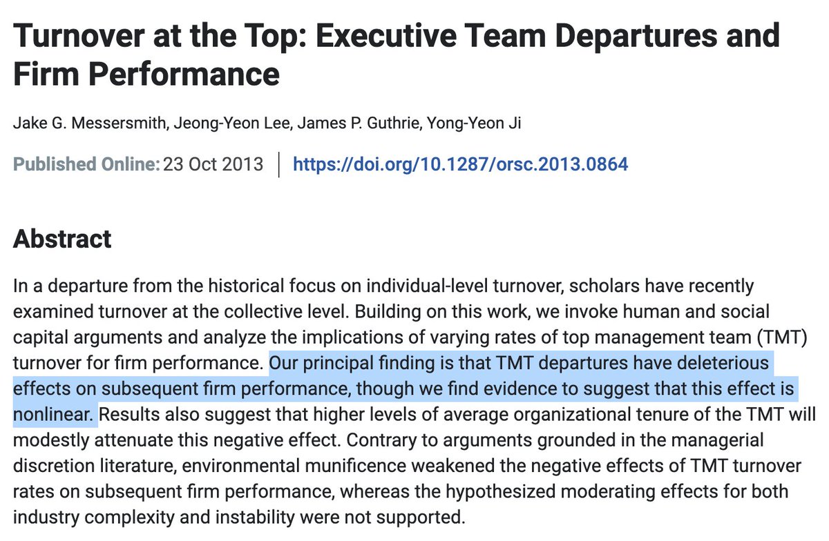 Turnover at the Top: Executive Team Departures and Firm Performance. Jake G. Messersmith, Jeong-Yeon Lee, James P. Guthrie, Yong-Yeon Ji (2013)

> Our principal finding is that top management team departures have deleterious effects on subsequent firm performance, though we find evidence to suggest that this effect is nonlinear.
