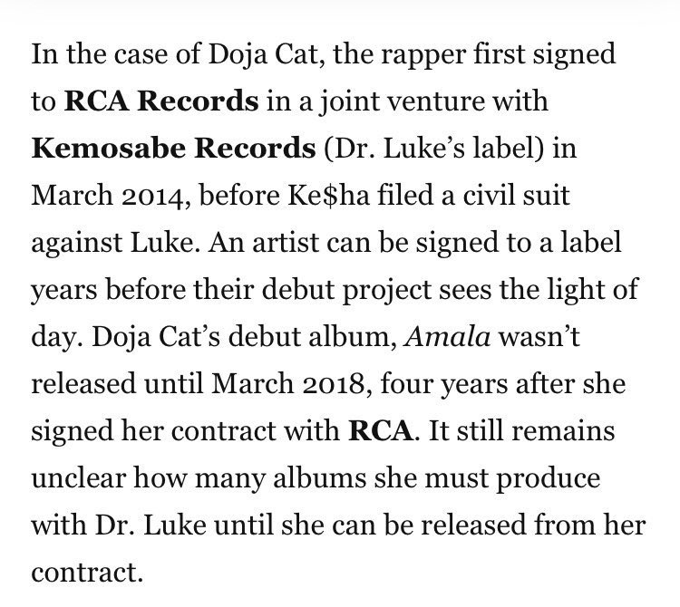 Doja Cat likes a tweet responding to Idolator’s article about her & Dr. Luke. The tweet is a screenshot from an article stating that Doja signed with him in 2014. It can be implied that she wouldn’t have willingly worked with him after Kesha & Becky G came forward  #FreeDojaCat