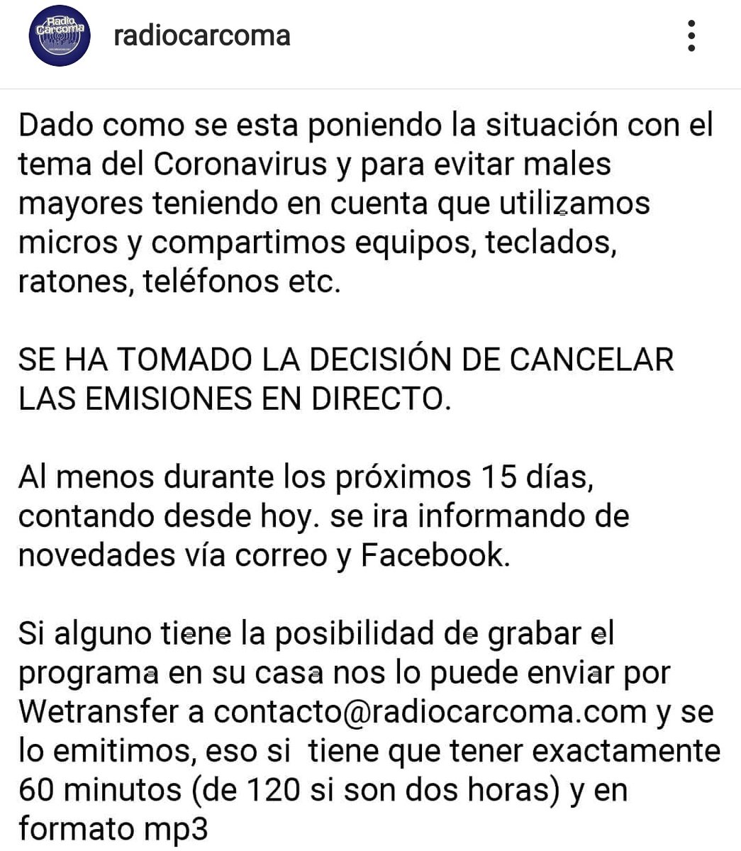 BCiencianueva's tweet photo. Desde @bciencianueva os tenemos que contar una noticia triste. @radiocarcoma, siguiendo las recomendaciones del Gobierno, cancela cualquier emisión de programas durante los próximos 15 días. Aunque nos duele de 💜 apoyamos 💯 por ciento la decisión. Seguimos en contacto por RRSS https://t.co/iGwsd5gX3q
