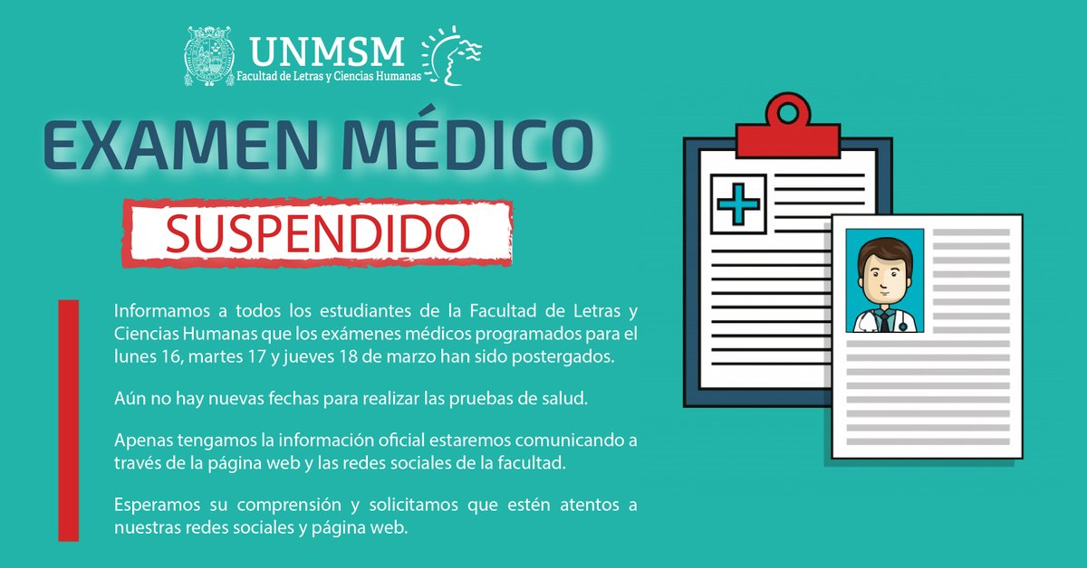 letrasUNMSM's tweet photo. #LetrasInforma
COMUNICADO SOBRE EXAMEN MÉDICO DE LAS ESCUELAS PROFESIONALES DE LA FLCH
¡Atent@! Los exámenes médicos programados para la próxima semana han sido suspendidos. https://t.co/0EMkt9ZJUX