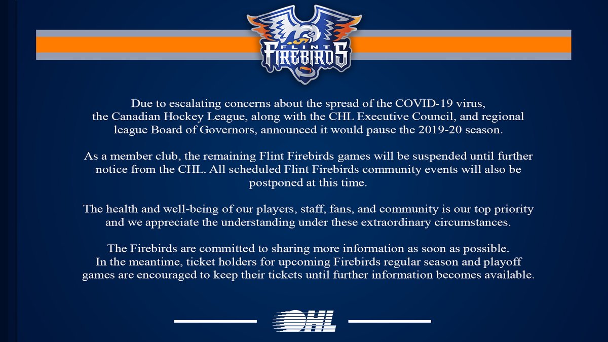 FlintFirebirds's tweet photo. Our statement regarding the pausing of the 2019-20 @CHLHockey season: https://t.co/USEsijopt8