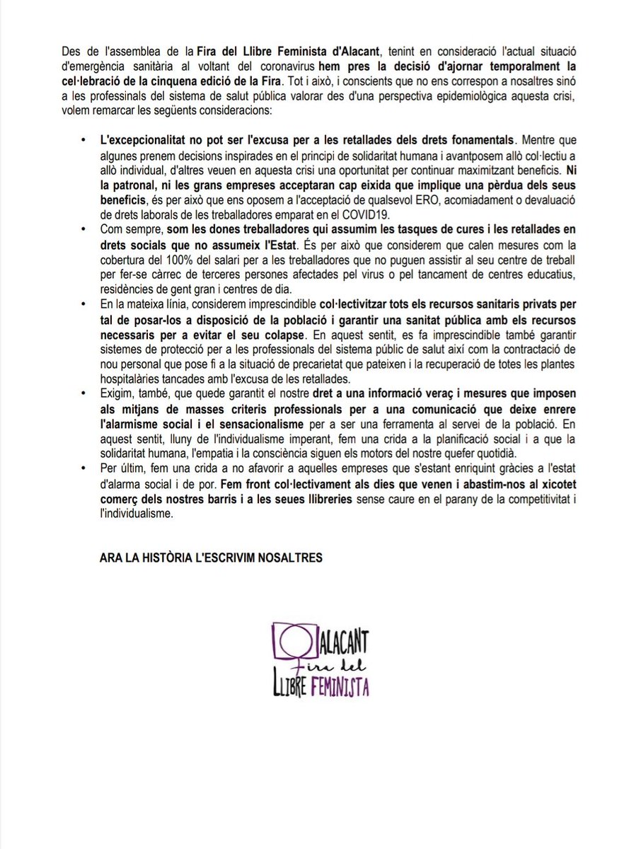 FiraFem8M's tweet photo. Comunicat de la Fira del Llibre Feminista d'Alacant en relació a l'ajornament de la Fira a causa del #CODVID19 https://t.co/OUyO2sTtZO