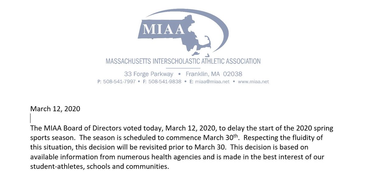 Update on the start of the @MIAA033 spring sports season: