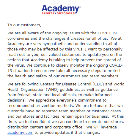Academy Sports Outdoors On Twitter Academy Is Fortunate That We Currently Have No Reported Team Member Or Customer Cases Of Covid 19 And Our Stores And Facilities Remain Open We Will Leverage