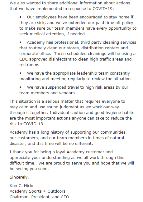 Academy Sports Outdoors On Twitter Academy Is Fortunate That We Currently Have No Reported Team Member Or Customer Cases Of Covid 19 And Our Stores And Facilities Remain Open We Will Leverage