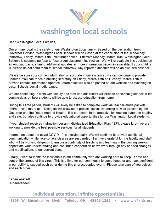 WLS4Kids's tweet photo. Based on the declaration from Gov. DeWine, Washington Local Schools will be closed at the conclusion of the school day tomorrow, Friday, March 13th until further notice. https://t.co/NMTUpPmNZh