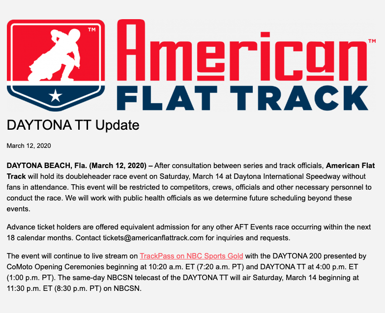CW1Miles's tweet photo. From @AmericanFlatTrk: #Daytona200 and #DaytonaTT scheduled for Saturday, March 14 @DISupdates will be "restricted to competitors, crews, officials, and other necessary personnel to conduct the race." See attachment for further details, including @MotorsportsNBC live streaming. https://t.co/4coKvOZc2u