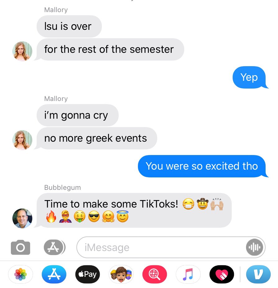 madisonnmgg's tweet photo. My sister is bummed about school closing, but my dad reminded her that it’s ok, because we still have tiktok 💀
We are definitely in 2020.
 #LSU #Tiktok @tiktok_us https://t.co/xu7rIieIVR