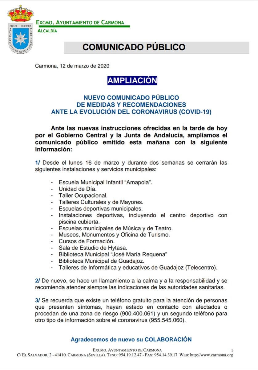 CarmonaAyto's tweet photo. ÚLTIMA HORA!!!

AMPLIACIÓN: Nuevo comunicado público de medidas y recomendaciones ante la evolución del Coronavirus (COVID-19) https://t.co/TADdLN0byj