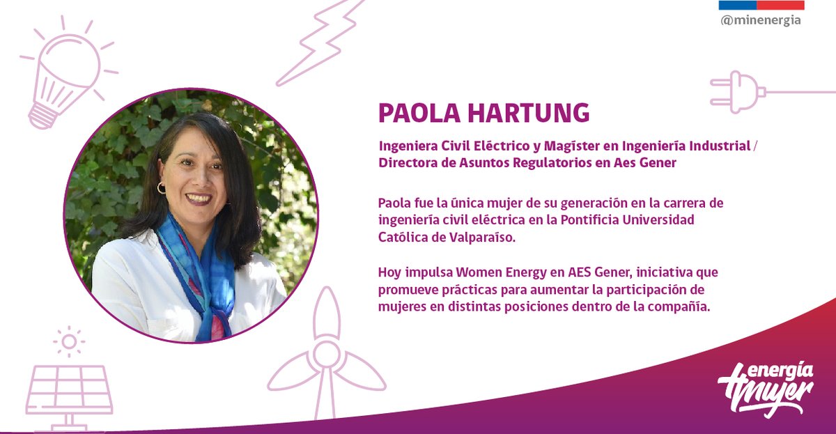 Paola fue la única mujer de su generación en la carrera de ingeniería civil eléctrica en la PUCV. Hoy impulsa Women Energy en @AESGener, iniciativa que promueve prácticas para aumentar la participación de mujeres en distintas posiciones dentro de la compañía 🙋‍♀️👏#EnergíaMásMujer