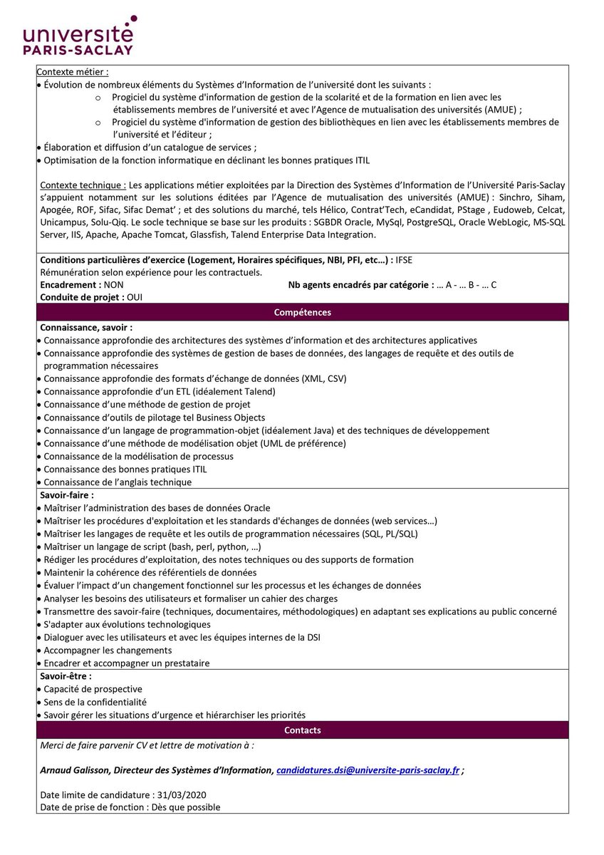 CSIESR's tweet photo. [#EmploiESR] L'@UnivParisSaclay se construit rapidement et fait évoluer son Système d'Information. Dans ce cadre, elle propose deux postes d'Administrateur #SI dont la description de poste est jointe ci-dessous. #recrutement #jobESR #ParisSaclay #i4emploi https://t.co/yho10MWElA