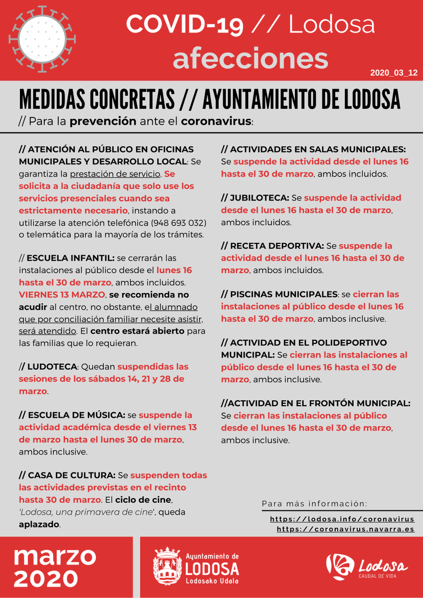 ⚠️ ATENCIÓN / Afecciones por el COVID-19 (Coronavirus) en #Lodosa
/ Servicios e instalaciones municipales dependientes del Ayuntamiento de Lodosa - Lodosa INFO

#LodosaCaudalDeVida #FrenarLaCurva