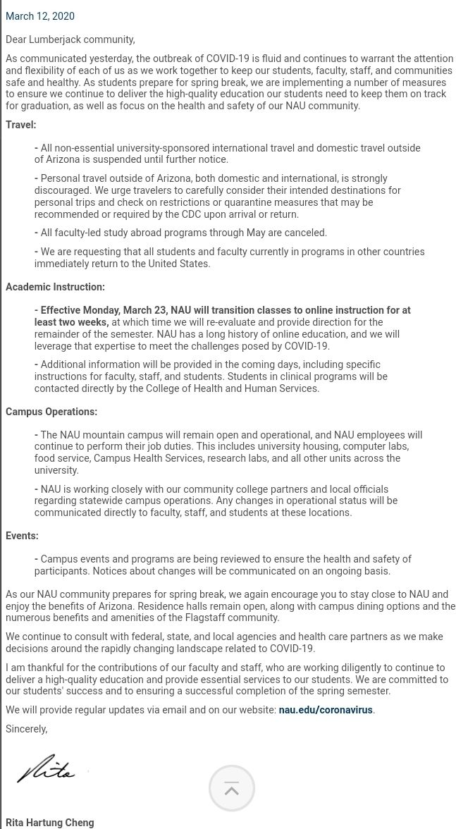 NAU's tweet photo. To ensure the safety of the NAU community, NAU is making the following changes: https://t.co/s9r9fhCyV5. https://t.co/zkIw6BU27l