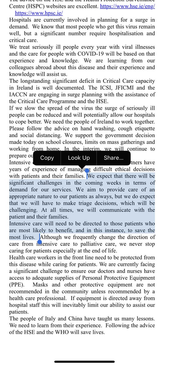 SusanMitchell_'s tweet photo. Just in. Statement from intensive care doctors in Irish hospitals highlighting difficult triage decisions they expect to have to make in the coming weeks. Grim. We owe it to them &amp; our more vulnerable citizens to follow the rules on social distancing. It’s vital. COVID19 https://t.co/sjH4pEj1KW