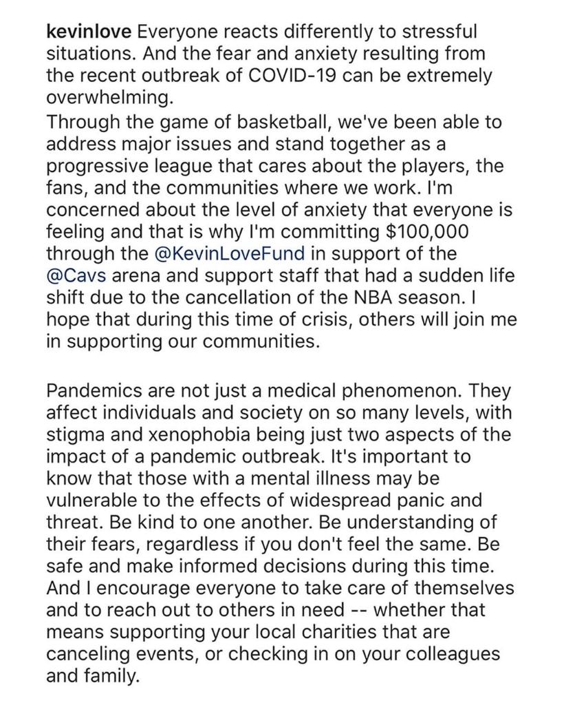 SportsCenter (@sportscenter) on Twitter photo Kevin Love commits $100,000 to the Cavs' arena and support staff due to the suspension of the NBA season.
(via <a href="/kevinlove/">Kevin Love</a>) Kevin Love commits $100,000 to the Cavs' arena and support staff due to the suspension of the NBA season.
(via <a href="/kevinlove/">Kevin Love</a>)
