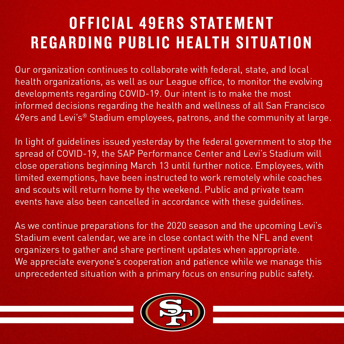 LevisStadium's tweet photo. With a primary focus on ensuring public safety, the #49ers and #LevisStadium have released the following statement: https://t.co/XKLv2I6Twb