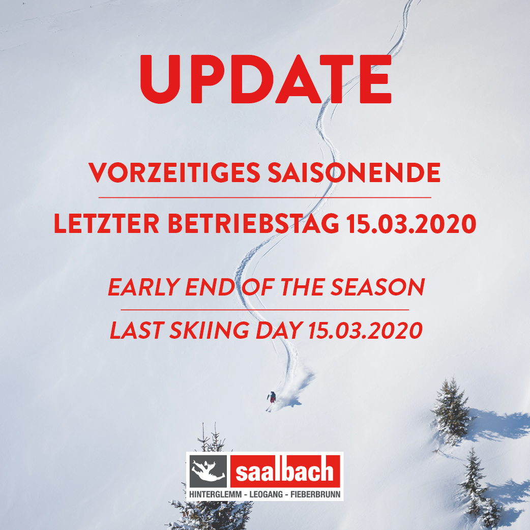 saalbach's tweet photo. EARLY END OF THE SEASON ‼️

We must inform you that we - like all other ski resorts in Tyrol, Vorarlberg, Carinthia and Salzburg - will cease operations for this winter on Sunday, March 15th, 2020.

Please see https://t.co/lZ4sbGpWYd for details.

Stay healthy! ❤️ https://t.co/dUn0us1D3r