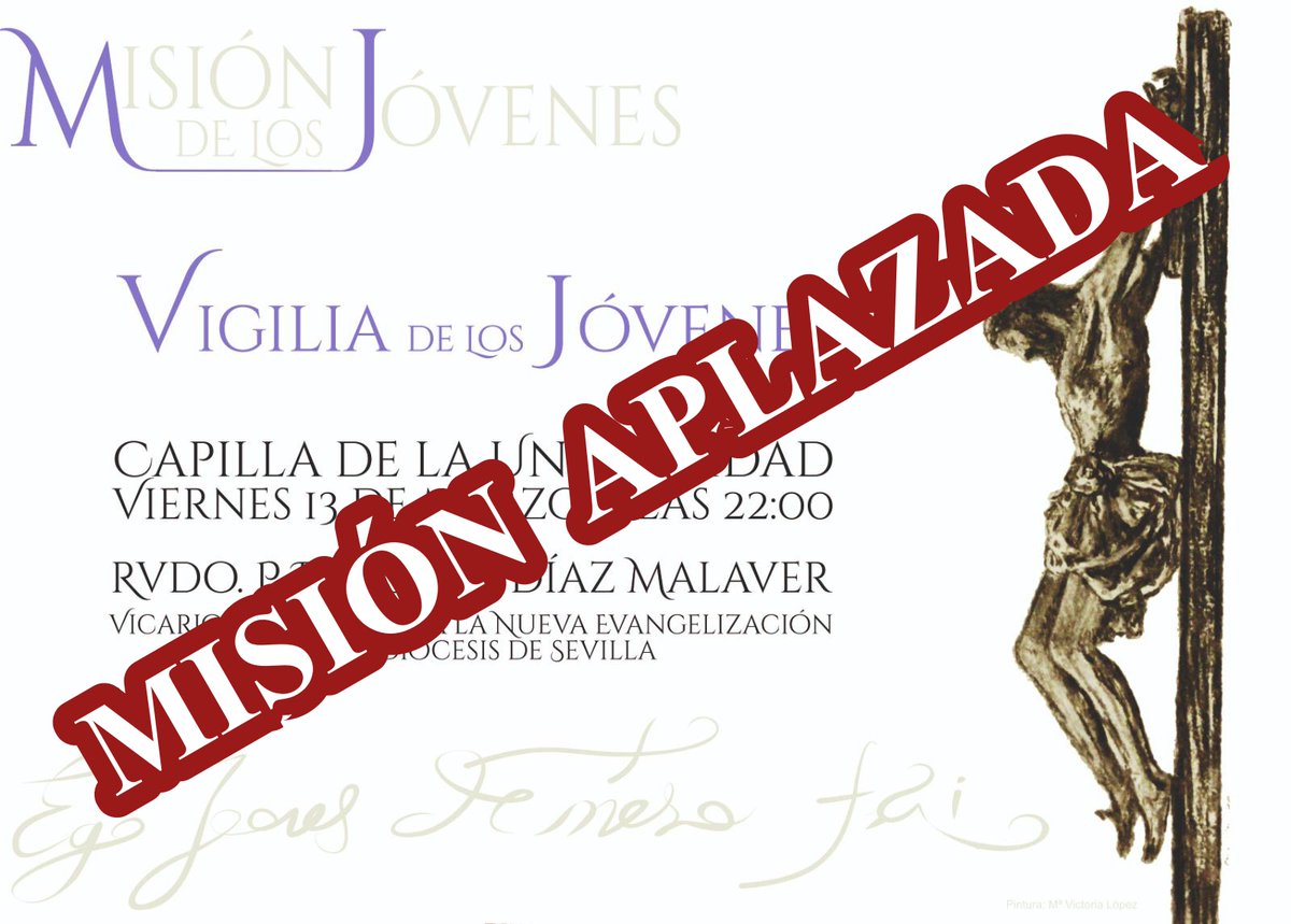 EvangelizarSev's tweet photo. COMUNICADO OFICIAL

Los actos previstos para la Misión de los Jóvenes prevista con motivo de los 400 años de la hechura del Cristo de la Buena Muerte se tienen que posponer hasta nuevo aviso. 

https://t.co/lJTTRqqufH https://t.co/KX3DcRkXGW