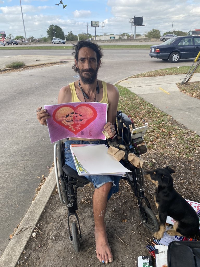 ftpjos's tweet image. Come support him and his puppy at 11404 gulf fwy Houston tx he’s right next to Starbucks he has beautiful art he’s here after 12 everyday expect Monday and Tuesday !! Spread the word pls ❤️❤️❤️
