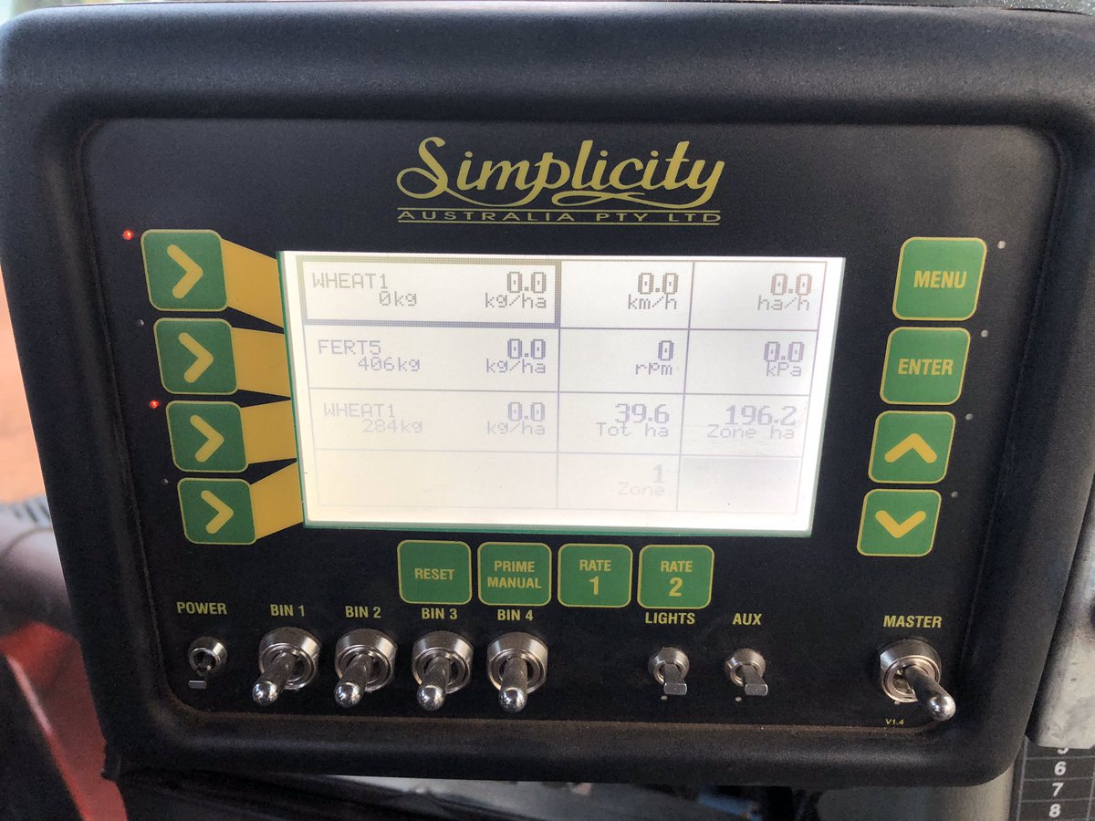 For sale on behalf of customer Complete kit to convert a 4 bin Simplicity air cart to in cab rate adjust 
Includes E15 monitor plus following components only 12mths old;
MDECU, 3 Linear actuators
Tractor, 10m &amp; 
12.5m imp ext harness, 4 bin tank sensor loom &amp; more
$7000+GST