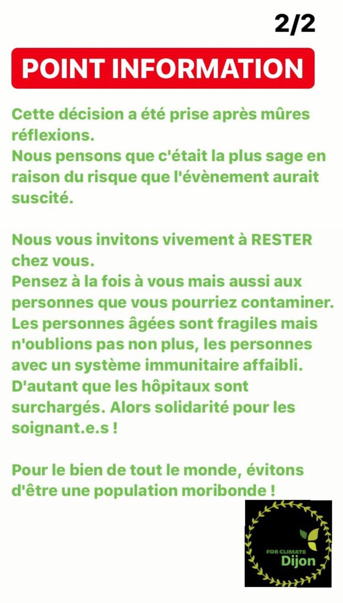 Forclimate_dij's tweet photo. MARCHE ANNULÉE POUR NOUS !! ⬇️
#Covid_19 #Dijon #13mars #14mars https://t.co/xYvRUYKtgq