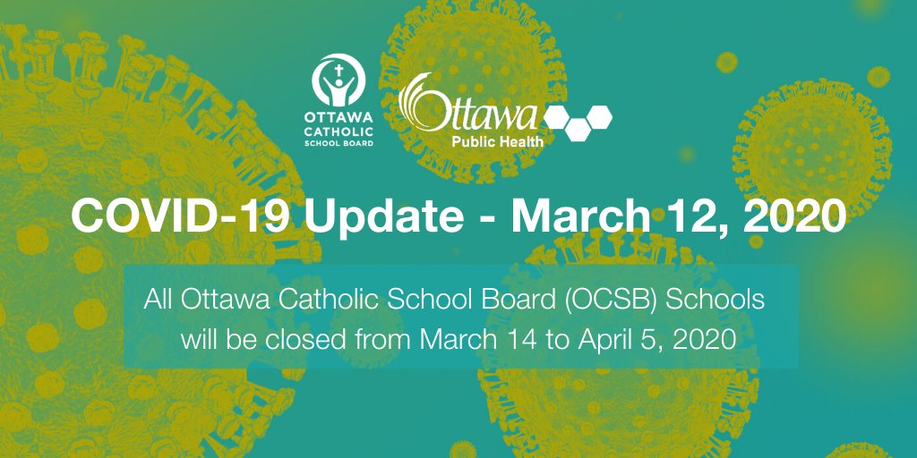 OttCatholicSB's tweet photo. The Premier's Office has announced it will close all publicly funded schools in Ontario for 2 weeks following #MarchBreak, in response to the emergence in Ontario of #COVID19. As a result, all #OCSB schools will be closed from March 14 to April 5, 2020. https://t.co/ahw9lMjUaK https://t.co/MqcgHQVfJh