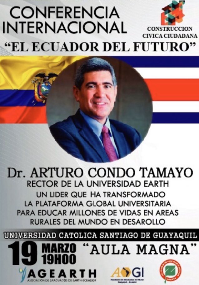 El Directorio de la Asociación de Zamoranos del Litoral Ecuatoriano AGEAPLE, extiende una cordial invitación al gremio, a la Conferencia Internacional “El Ecuador del Futuro” dictada por el Dr. Arturo Condo.