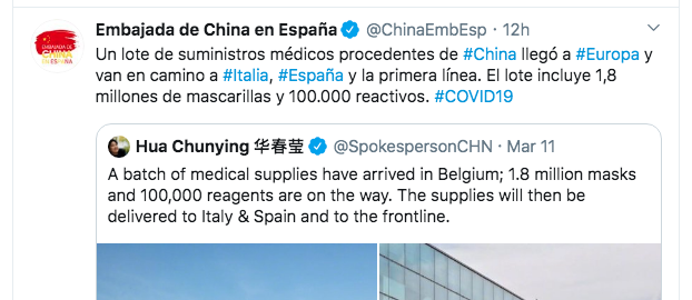 83. China manda 1,8 millones de mascarillas y 100.000 reactivos para las pruebas del Coronavirus a Italia y España. Olé los chinos.